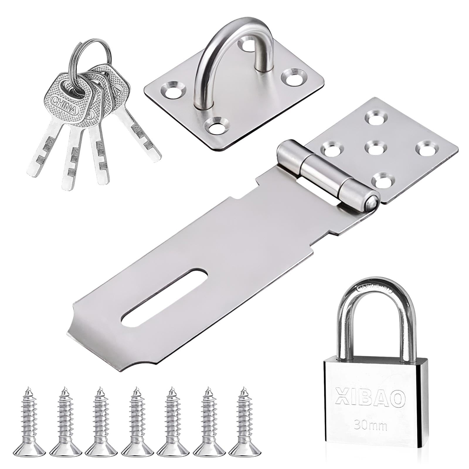 Latch with Padlock, 30 mm Padlock with 4 Keys, Stainless Steel Hasp Lock, Door Latch with Screw Lock for Cabinets, Drawer and Gate