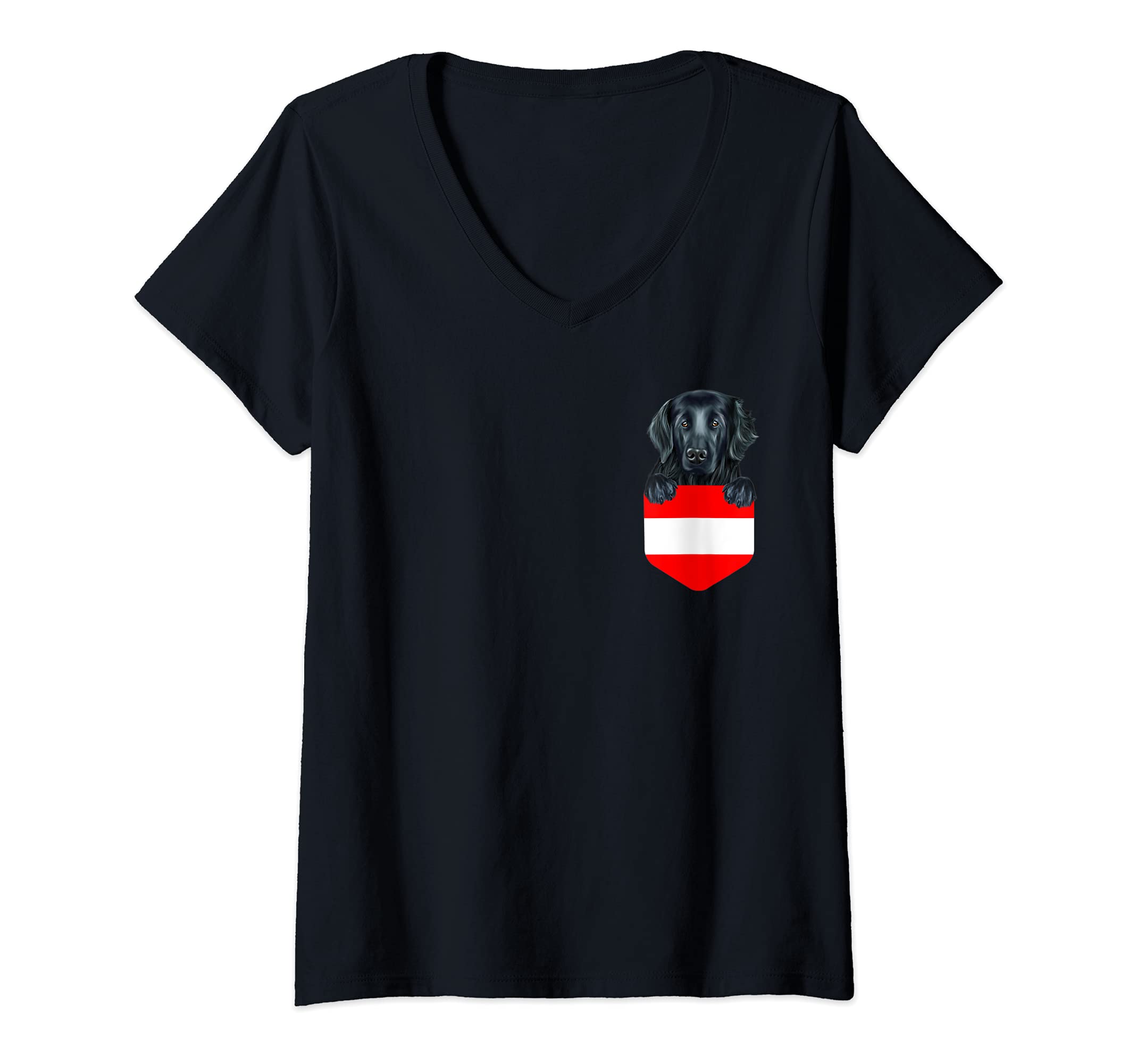 Womens Austria Flag Flat-Coated Retriever Dog In Pocket V-Neck T-Shirt