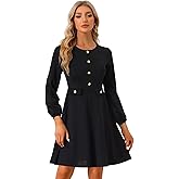 Allegra K Work Office Dress for Women's Button Decor A-Line Long Sleeve Dress