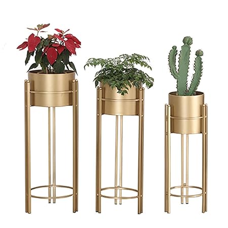 Weston Crafts Metal Planter Stand Set of 3 Mid Century Planter with Gold Plant Stand, 3 pcs Modern Planters for Indoor Plants, Metal Floor Planter Set(Pack of 3)