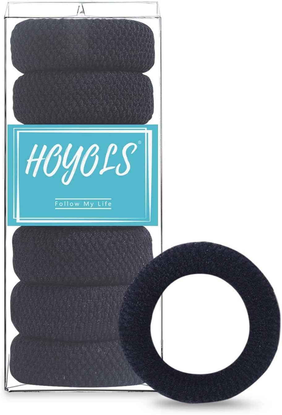 HOYOLS Large Black Hair Ties for Thick Hair, Soft Seamless Cotton Ponytail Holders, No-Damage Strong Bands for Women and Girls, No-Pull Scrunchies Headbands
