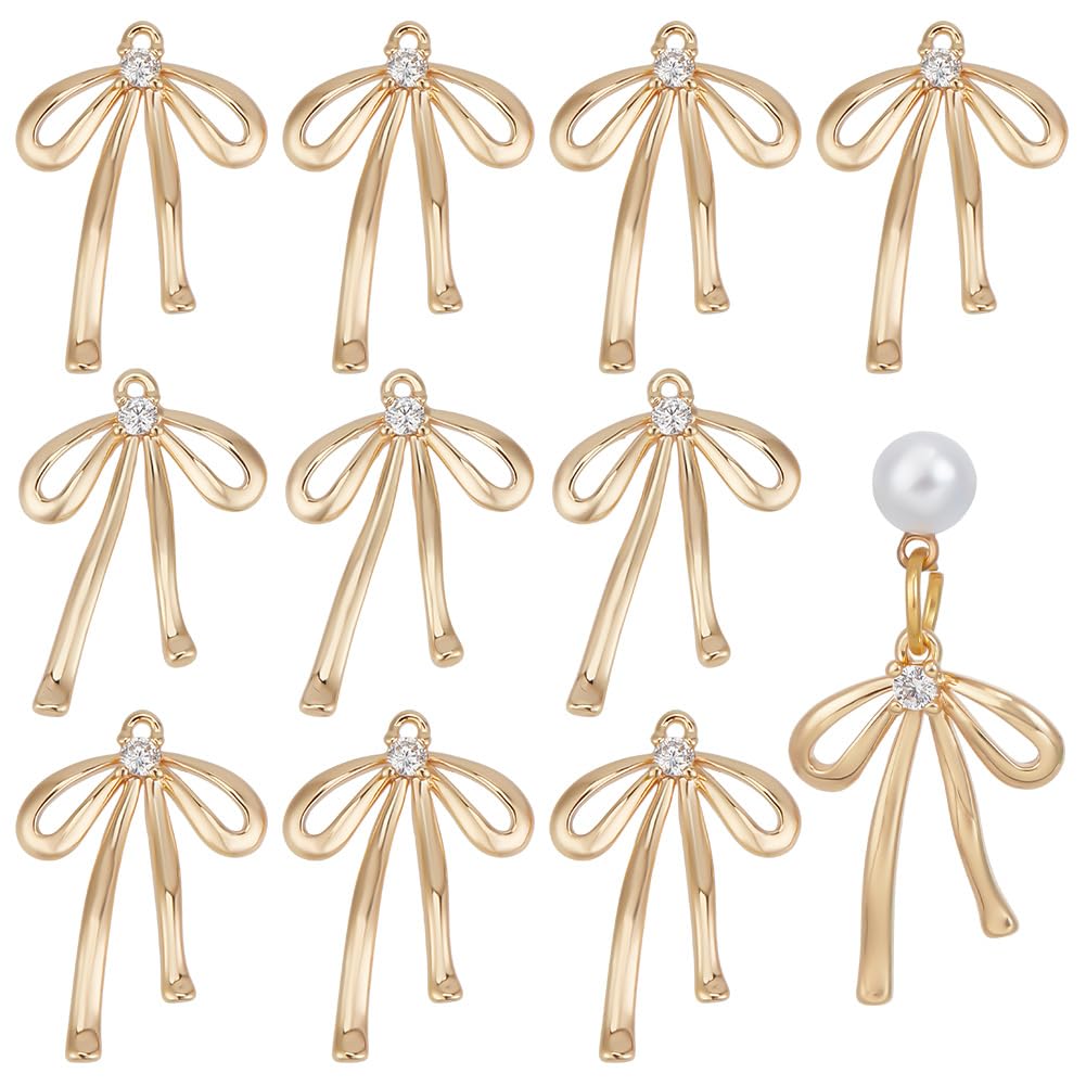 BENECREAT 10pcs Real 18K Gold Plated Brass Bowknot Charms, 19x13x2.5mm Micro Pave Clear Cubic Zirconia Pendants for DIY Earrings Necklaces Bracelets, Hole: 1mm