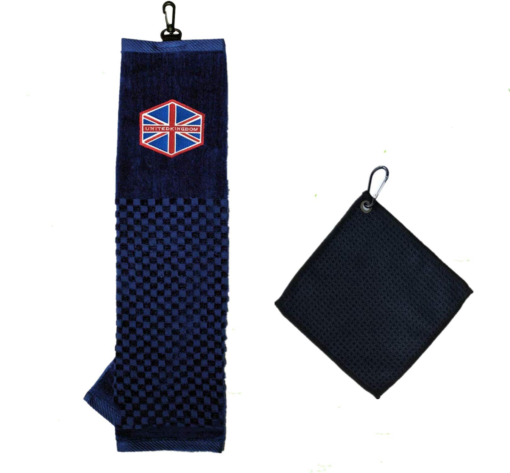 FINGER TEN Golf Towels for Golf Bags with Grommet Clip and 1 Pack Golf Ball Towel Set, Tri-fold Towel 16’’X 22" Embroidered Pattern UK Flag Fabric fit Sport Travel Football (UK FLAG)