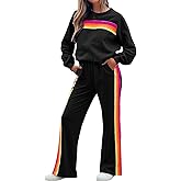 Womens 2 Piece Outfits Rainbow Striped Set Cute Sweatsuits for Women Sweatshirt and Sweatpants Set Matching Tracksuit