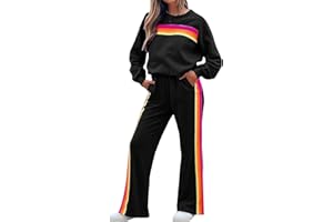 MOVNEBYRO Womens 2 Piece Lounge Set Rainbow Striped Sweatshirt High Waist Sweatpants Matching Sweatsuit Color Block Tracksuit