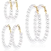 Hicarer 3 Pairs Pearl Hoop Earrings Pearl Earrings for Women Girlfriend Brides Gift Silver Earring Needle