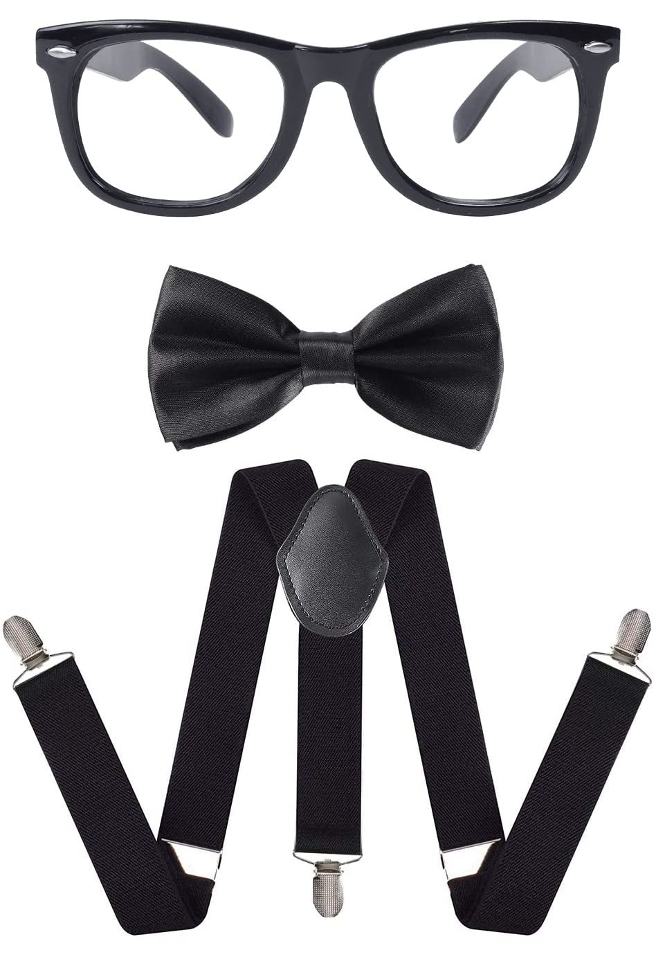 Dreamzfit® Adult Nerd Costume Set - Complete Geek Fancy Dress Kit with Black Glasses, Bow Tie & Suspenders for Themed Parties, 80s Cosplay, Comic-Con & Hen/Stag Nights