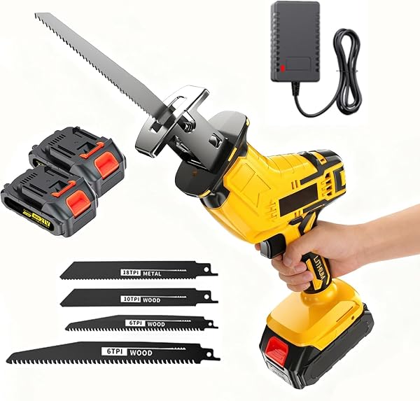 CORDLESS RECIPROCATING SAW: VARIABLE SPEED, TOOL-FREE BLADE CHANGE ELECTRIC SAWS – INCLUDES 2 BATTERIES, CHARGER, 4 SAW BLADES – SUITABLE FOR METAL/PVC CUTTING AND WOOD TRIMMING