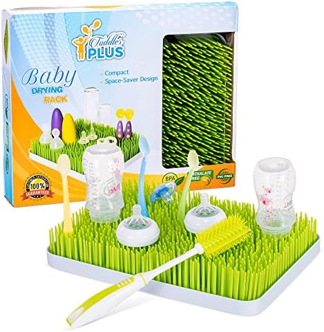 Large Baby Bottle Drying Rack, Nipples, Sippy Cups, Straws, Pacifiers, Valves with Bottle Brush | Compact Space-Saver Design | Absorbent Drying Lawn Mat | BPA-Free, Anti-Bacterial | Toddler Plus