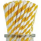 Gold and White Stripes Paper Straw, Pack of 100 Disposable Foil Gold Striped Drinking Straws for Cocktail, Cake Pop Sticks, Brithday, Wedding, Christmas Party Decoration