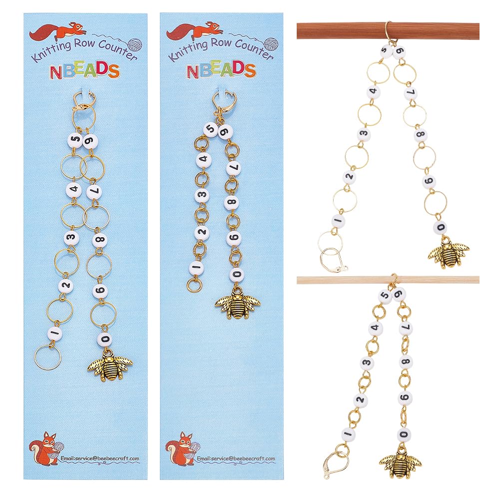 NBEADS 2 Pcs 2 Styles Bees Charm Knitting Row Counter Chains, 0~9 Number Stitch Markers Acrylic Beads Crochet Stitch Marker Charms for Knitting Weaving Sewing Quilting Handmade Jewelry — image 1