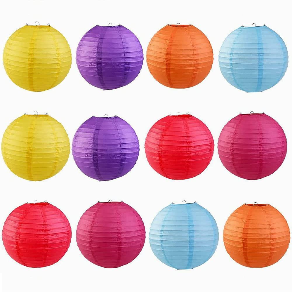 Amasawa 12 Pieces Colorful Round Paper Lanterns Decorations, Festival & Wedding Occasions, Paper and Metal Wire Material, Random Color, 20 cm Diameter, Perfect for Celebrations
