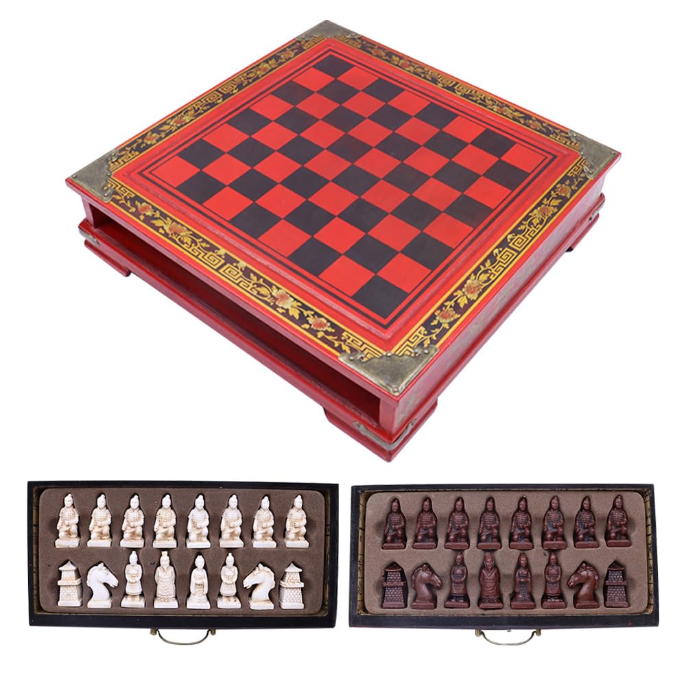 ieron Retro Terracotta Warriors Chess Set, Handcrafted Classic Family Board Game with chessboard and storage box (26 cm)
