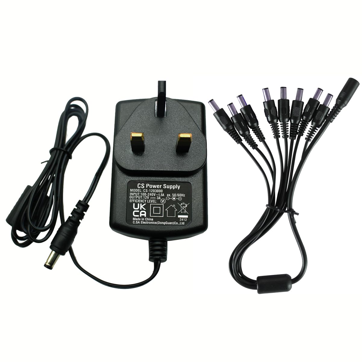 Security-01 AC to DC 12V 3A Power Adapter Supply with 8 Way Splitter Cable, Plug 5.5mm x 2.1mm UK, for CCTV Cameras DVR NVR LED Light Strip and more