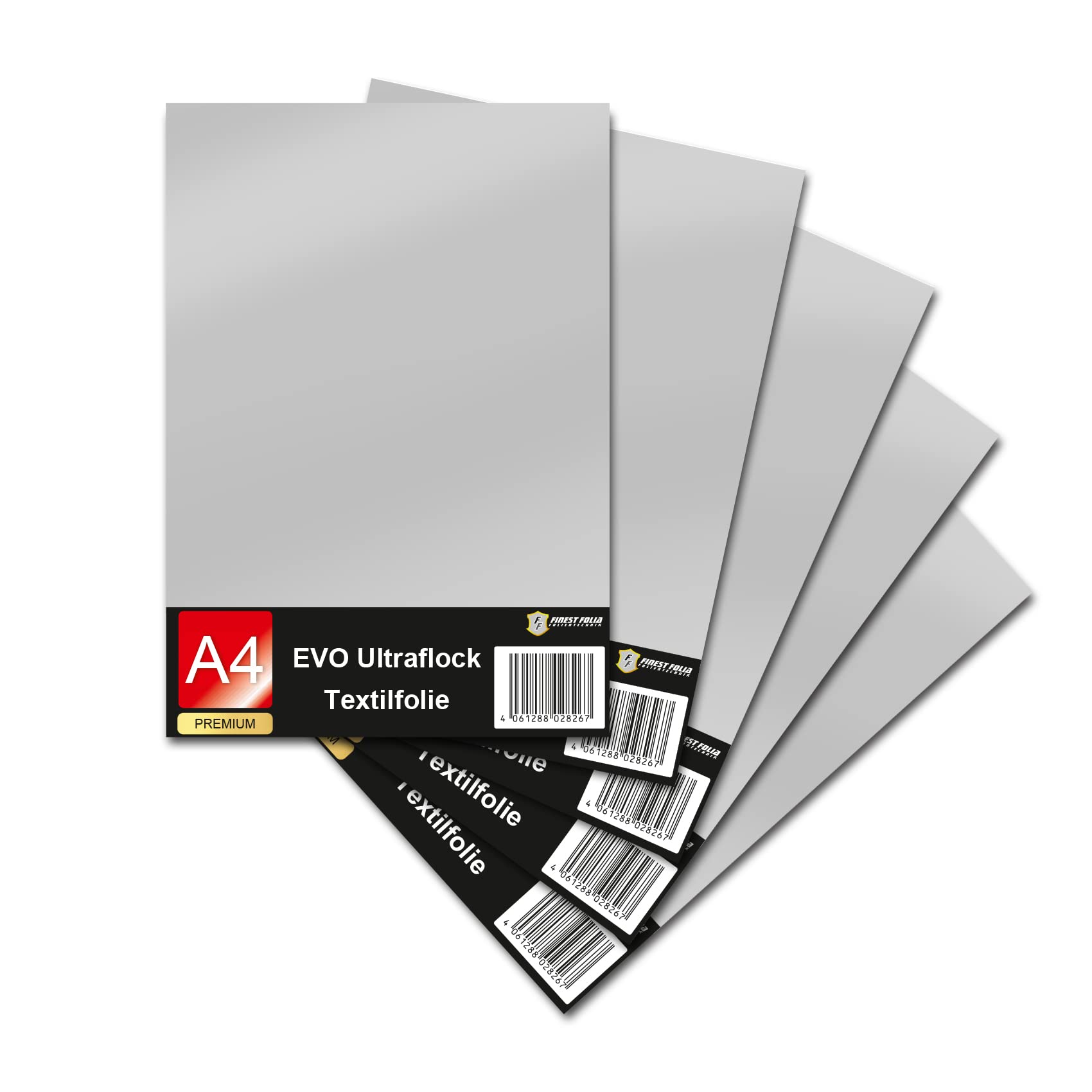 Evo Ultraflock Textile Film for Plotter, 33 Colours, Flock Film in DIN A4 Format, 30 x 20 cm, Plotter Film for Fabric, Clothing, T-Shirt, Flock Film Accessories (Set of 5, 030 Light Grey)