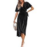 CUPSHE Women's Midi Dress Emerald V Neck Belted Short Sleeve Ribbed Knit Flowy Party Cocktail Dresses
