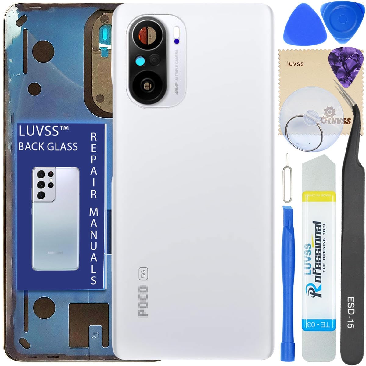 LUVSS Back Glass Cover Replacement Compitable for Xiaomi Poco F3 Rear Cover + Camera Lens + Repair Manual DIY Tools Kit (White)