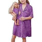 QPANCY Matching Girls & Doll Satin Nightgowns Short Sleeve Button Down Nightshirt Pajama Silk Night Dresses Loungewear