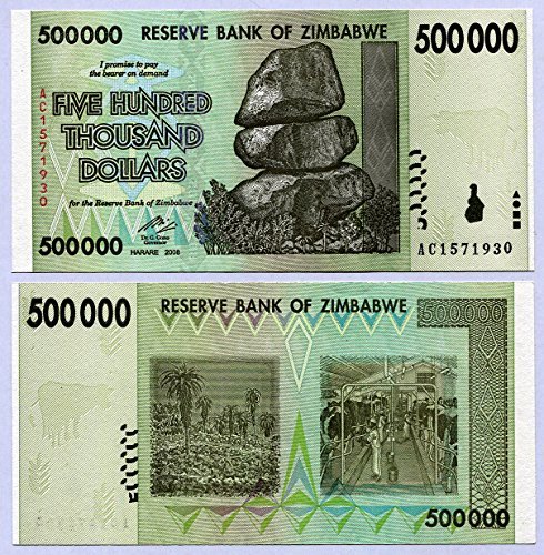 Zimbabwe 500 Thousand Dollars 2008 UNC, World inflation, currency banknotes by RBZ