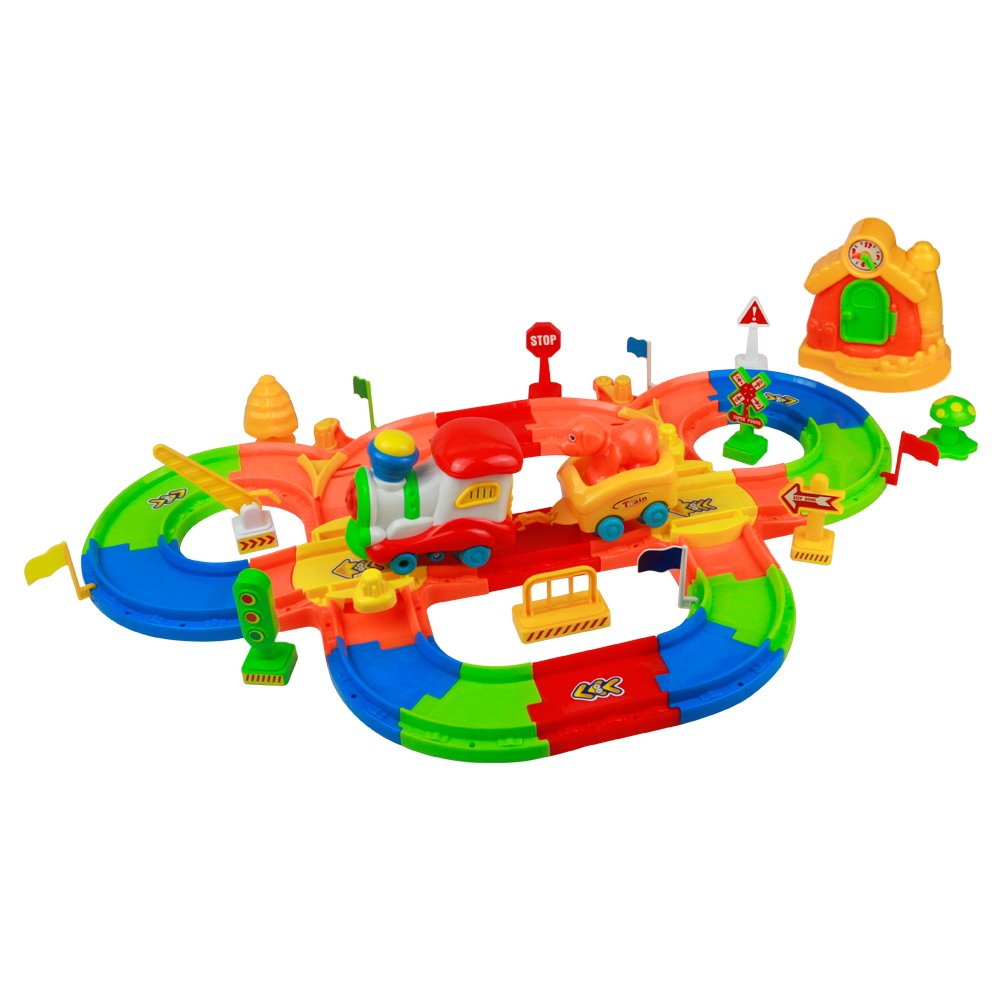 Nuheby Spielzeug Zug Autorrnnbahn Montage Spielzeug Auto Zug Verkehrsschilder Rennbahn Spiel Set für Kinder