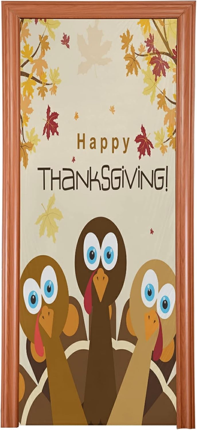 Garage Door Decorations - Qilmy Thanksgiving Turkey Door Cover Washable High Elastic Fabric Waterproof Front Festive Door Cover For Home, Indoor Outdoor Party Decoration,35 x 79 Inch