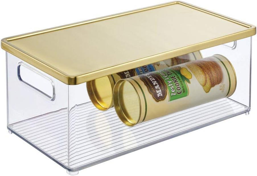 mDesign Plastic Stackable Kitchen Pantry Cabinet, Refrigerator, Freezer Food Storage Bin Box with Handles, Steel Lid - Organization for Fruit, Jars, Snacks, Pasta - 15