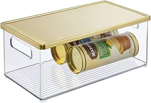 mDesign Plastic Stackable Kitchen Pantry Cabinet, Refrigerator, Freezer Food Storage Bin Box with Handles, Steel Lid - Organization for Fruit, Jars, Snacks, Pasta - 15