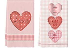 Artoid Mode Pink Buffalo Plaid Love Heart Valentine's Day Kitchen Towels Dish Towels, 18x26 Inch Be Mine Anniversary Decoration Hand Towels Set of 2