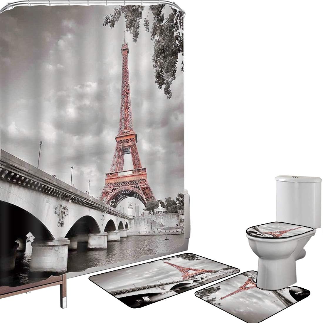 Amazon Com Shower Curtain Set Bathroom Accessories Carpet Set Paris City Decor Bath Mat Contour Rug Toilet Cover Eiffel Tower Bridge Capital City Cloudscape Monochrome Selective Colorization Picture Print Non Sl Home Kitchen