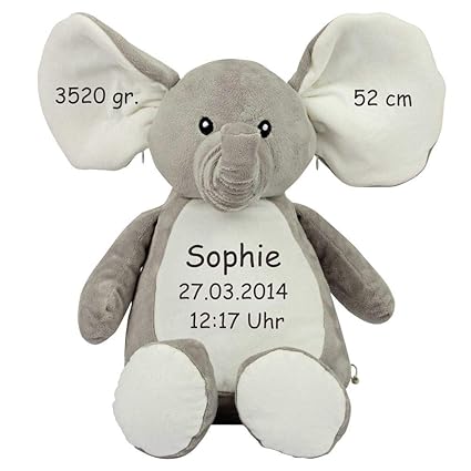 Stofftier Elefant mit Namen Geburtsdatum bestickt Geschenk Kuscheltier Teddybär - individualisiert mit Ihren Daten -