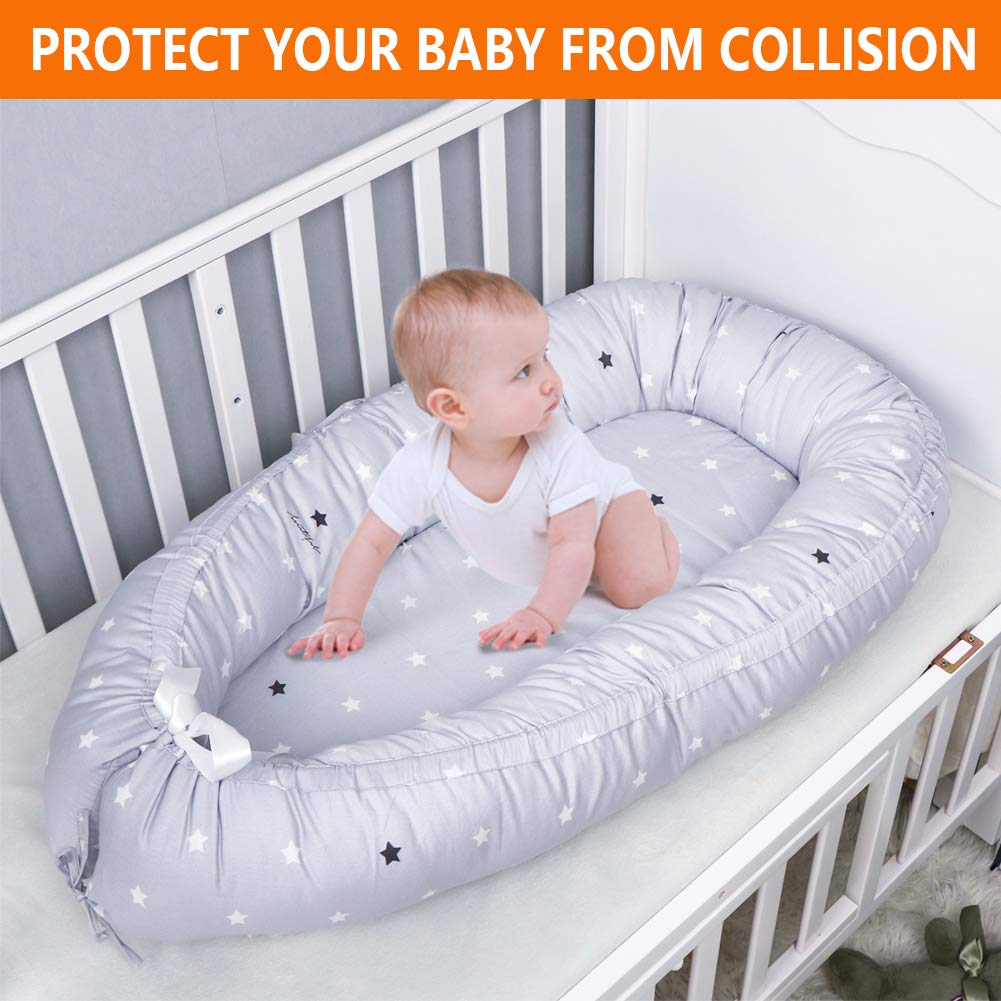 Baby Lounger & Baby Nest Co Sleeper for Newborn Portable Bassinet Bed Soft Organic Cotton Easy to Clean Babies Crib Large Size(0~12months) (Grey Star) : Baby