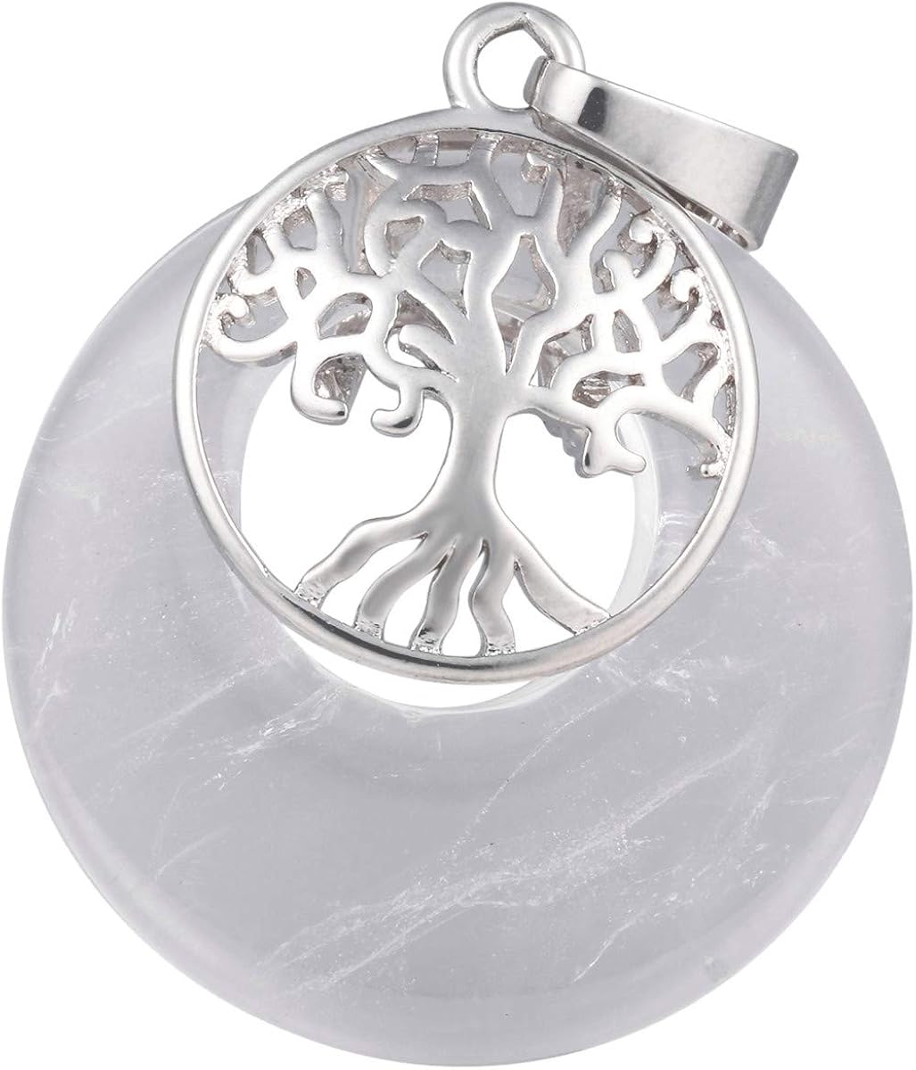 Nupuyai Rock Crystal Tree of Life Lucky Coin Pendant Necklace for Women Men Protection Crystals Donut Stone Pendant with Chain