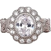 Psiroy 925 Sterling Silver Plated Oval Cubic Zirconia CZ Halo Engagement Ring Wedding Band for Women