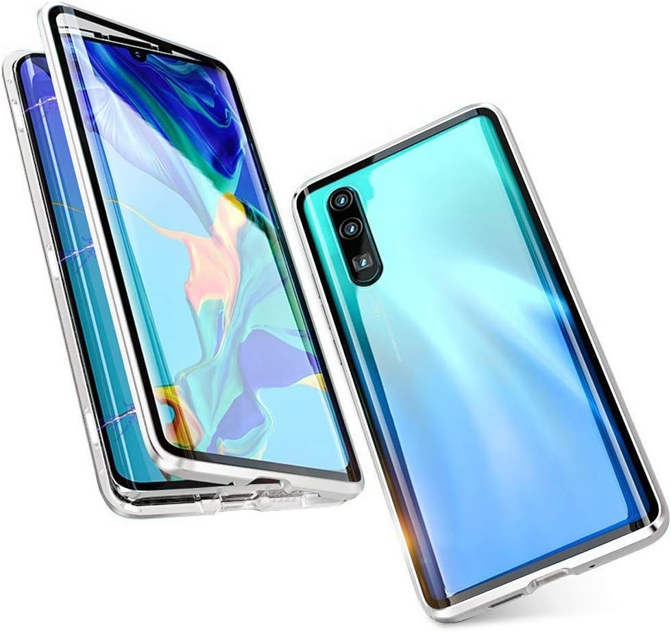 Magnetic Adsorption Case for Huawei P30 Lite, Double-sided Tempered Glass and Protective Back Phone Case With Metal Frame 360 Full Body Protection Bumper Case Cover for Huawei P30 Lite (Silver)
