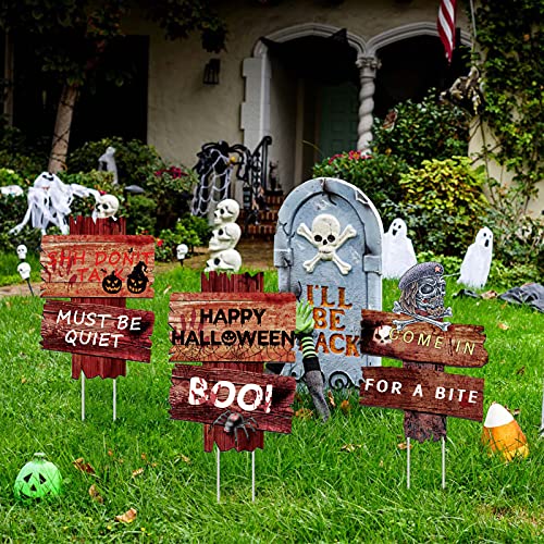 Flagicon Halloween Decorations Outdoor Yard Signs, 3pcs Beware Warning Yard Signs Scary Decor Lawn Signs with Stakes Theme Party Supplies for Outside Garden, Lawn Yard Party Decorations