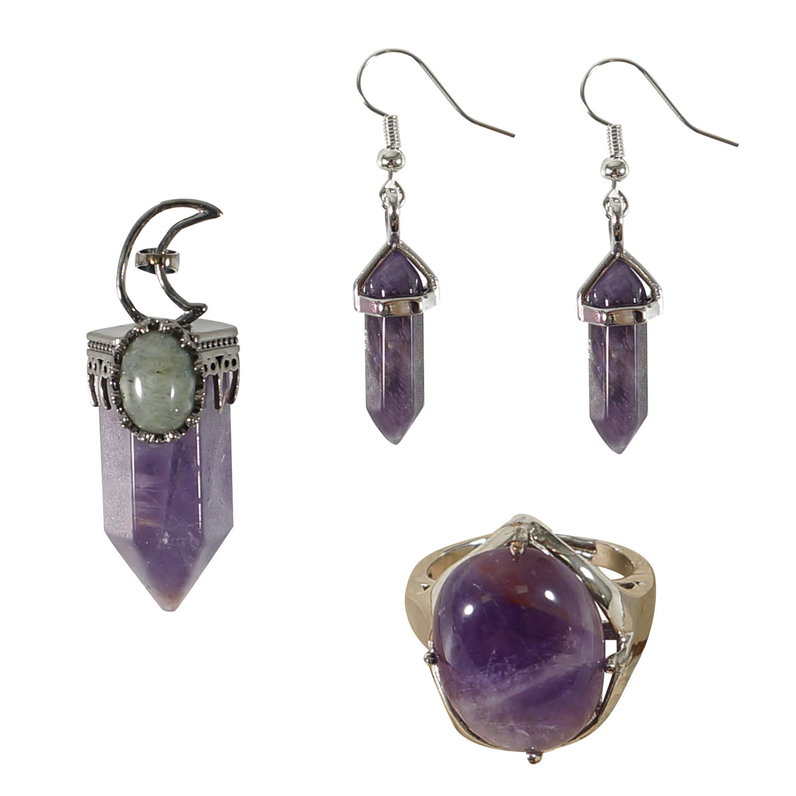 Soulnioi Healing Crystal Amethyst Hexagon Moon Crescent Gemstone Pendant, Amethyst Earrings Crystal Point Hexagonal Dangle Drop Earrings, Amethyst Gemstone Ring, Spritual Healing Jewellery Gifts