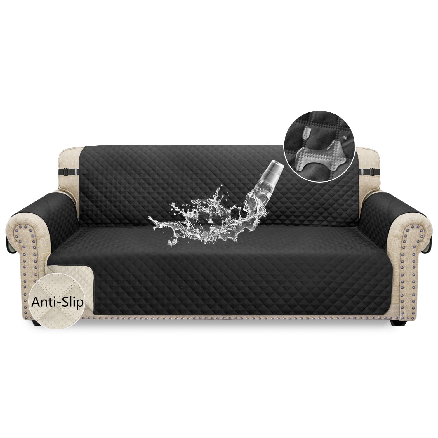 Granbest Waterproof Sofa Cover 3 Seater Non-Slip Sofa Slipcover with Elastic Straps, Washable Sofa Protector for Kids, Pets, Dogs, Cats Four Seasons Universal (3 Seater, Black)