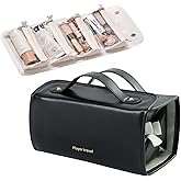 HLUYUST Large Capacity Makeup Bag Organizer - Premium PU Leather Cosmetic Case with 4 Removable Dividers & Dual Handles | Waterproof Lay-Flat Design Travel Toiletry Bag for Women (BLACK)