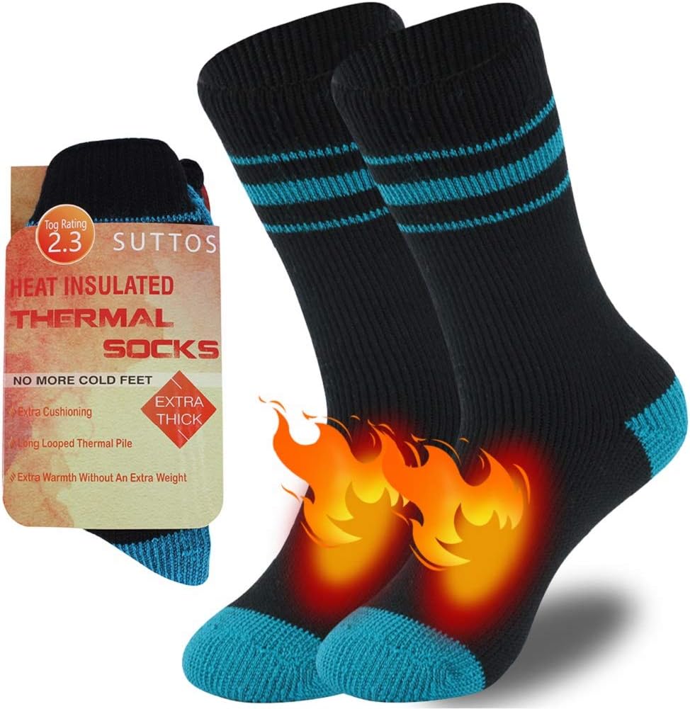 SUTTOS Mens Women's Thick Heat Trapping Insulated Heated Boot Thermal Socks Warm Winter Crew Socks For Cold Weather