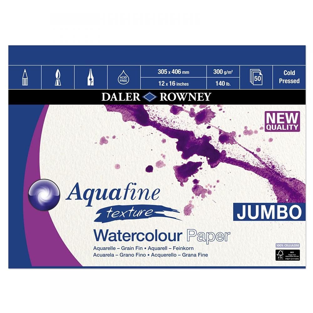 Daler-Rowney Aquafine Textured Cold-Pressed Watercolour & Gouache 300gsm 16 x 12in Paper Pad, Glued 1 Side, Natural White, 50 Sheets, Ideal for Professional & Beginner Artists, Acid-Free