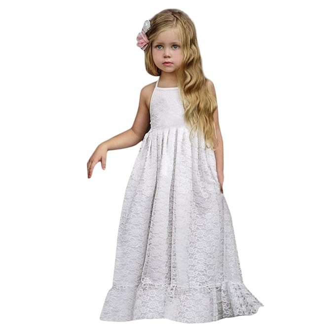 UFODB Festkleider Für Mädchen, Kinder ärmellos Spitze Hochzeit Tüll Kinderkleid Flower Backless Strap Princess Brautjungfernk