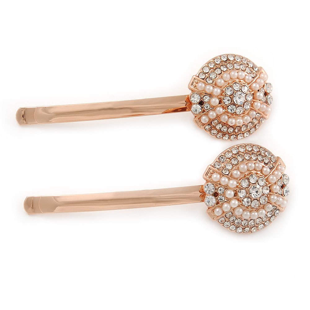 2 Bridal/Prom Clear Crystal, White Glass Pearl Button Hair Grips/Slides In Rose Gold Tone Metal - 60mm L