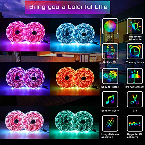 Led Strip Lights Bluetooth,32.8ft Color Changing Strip Lights 5050 SMD RGB LED Tape Light IP67 Waterproof for Party Bar Car Home Kid’Room DIY Decoration