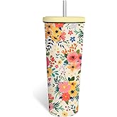 WWHSAI Floral Boho Tumbler 24oz With Lid, Flowers Gifts, Flower Coffee Cup Gifts for Women Girls, Abstract Retro Mid Century Flower Gift for Her on Christmas Birthday Mothers Day