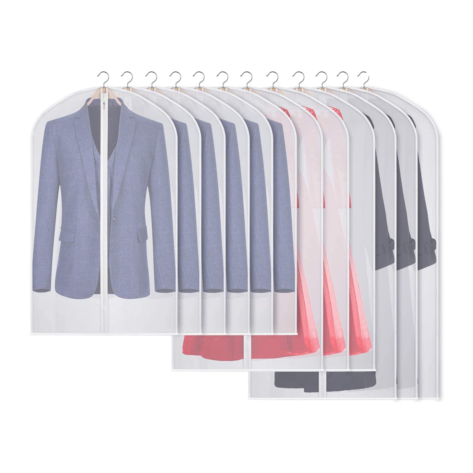 Univivi Clothes Cover Protector Set of 12, Garment & Suit Bags Moth Proof Waterproof Dustproof, Dress & Coat Bags Long with Zipper, Wardrobe & Travel - 40”/50”/60” (Clear) — image 1