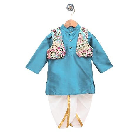 By Hopscotch Boys Polyester Bloom Embroidered With Turquoise Kurta & Dhoti Set in Blue Color