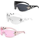 Ansycke 3 Pcs Y2K Sunglasses for Women Men, Trendy Shield Wrap Around Sun Glasses, Rimless Star Sunglasses Oversized Glasses Shades for Camping Cycling Driving Shopping Outdoor