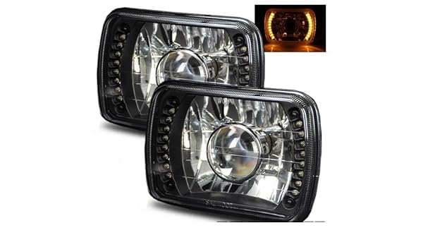 7x6 H6054 Semi Glass Projector Headlight LED Black Chrome Diamond Cut Lamp Pair