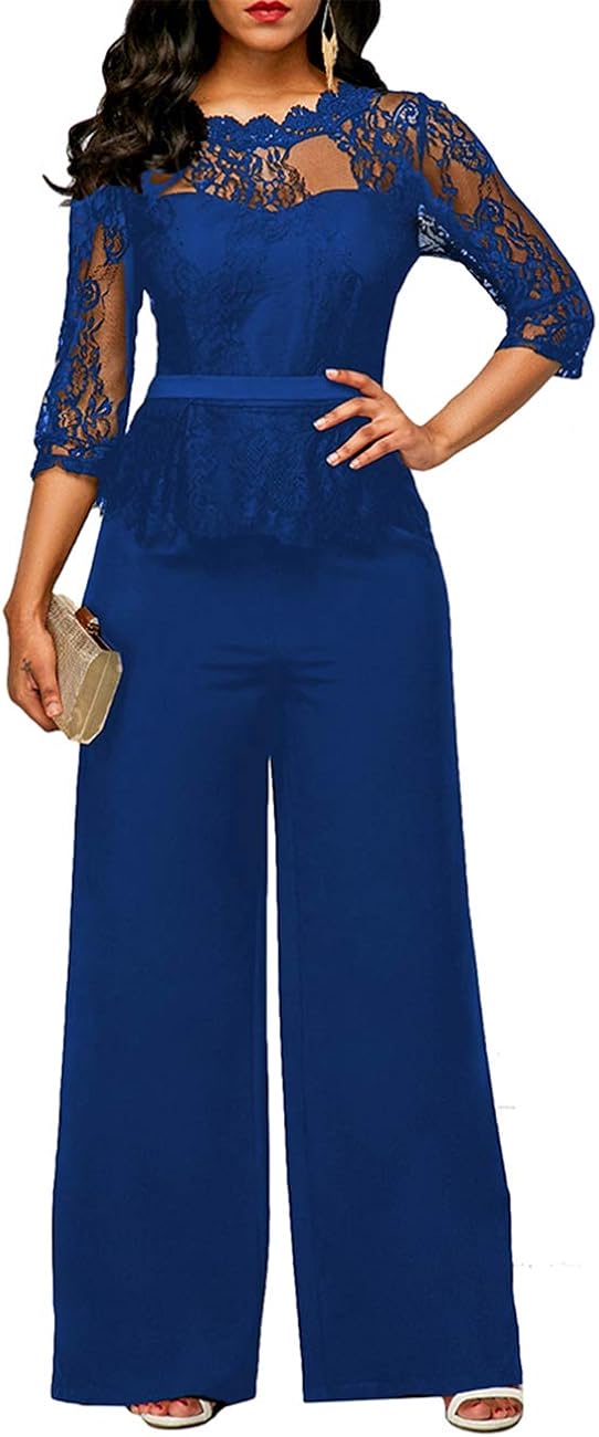 FeelinGirl Damen Jumpsuit Elegant Spitze Jumpsuit mit 1/2 Ärmel Bluse