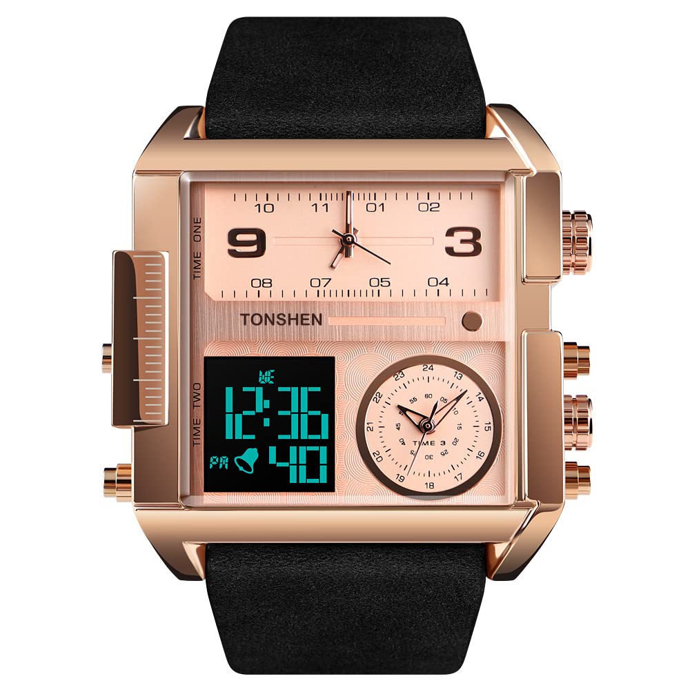 TONSHEN Mens Fashion Digital Stainless Steel Watch with Leather Band Outdoor Military Multifunction LED Electronic Analog Quartz Three Time Sport Watches Large Rectangular Dial (Rose 1)